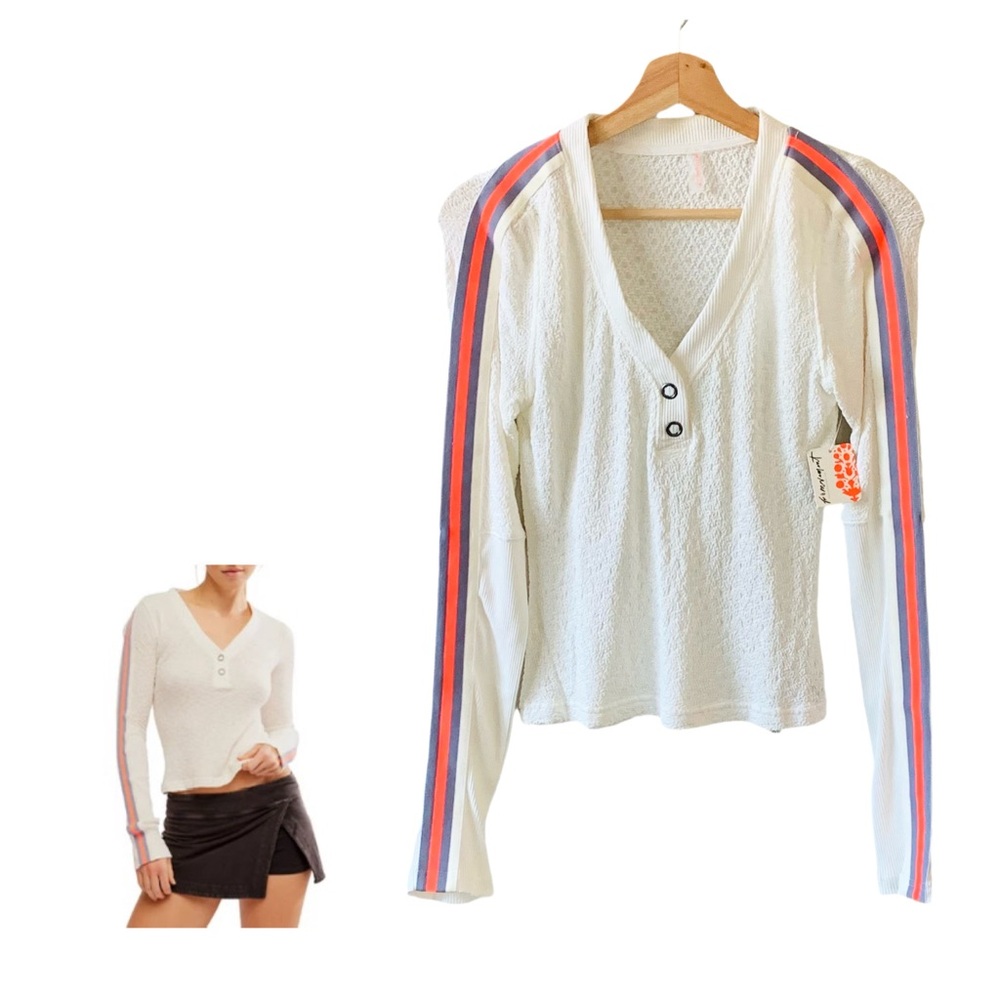 Free People Cream Long Sleeve Henley Top with Pink & Orange Stripes